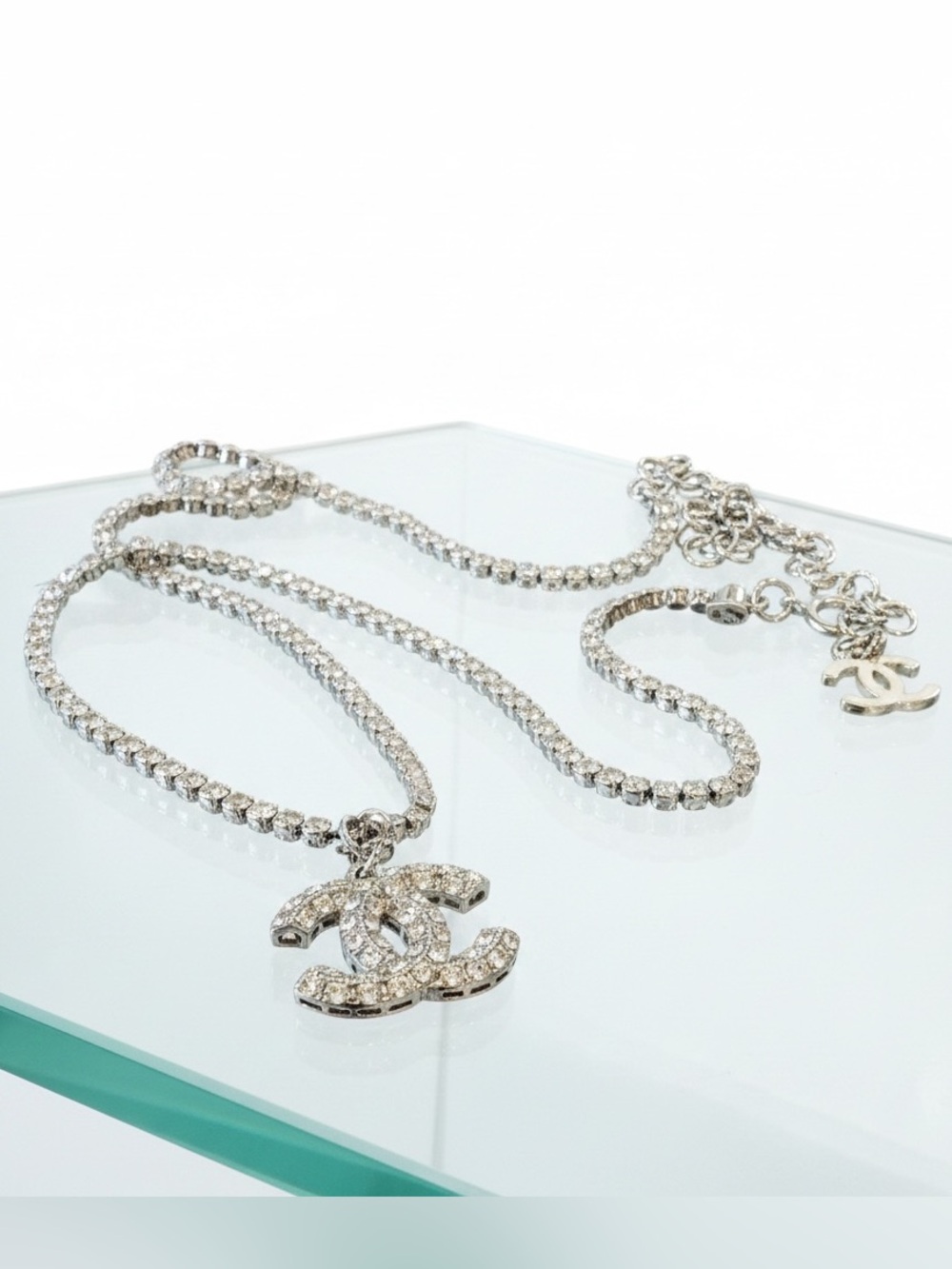 CHANEL Silver Crystal CC Pendant Tennis Chain Necklace